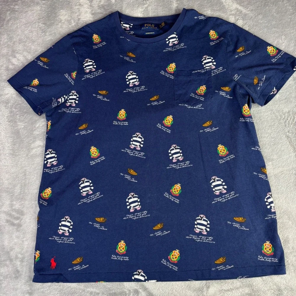 Polo Ralph Lauren T-Shirt Mens XL Navy Blue AOP Rugby Custom Slim Fit Pocket